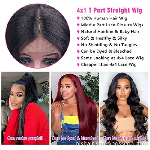 4x1T Front Lace Wig Straight Hair Brazilian Real Hair Lace Closing Wig, Suitable for Women 150% Density Natural Color Hair